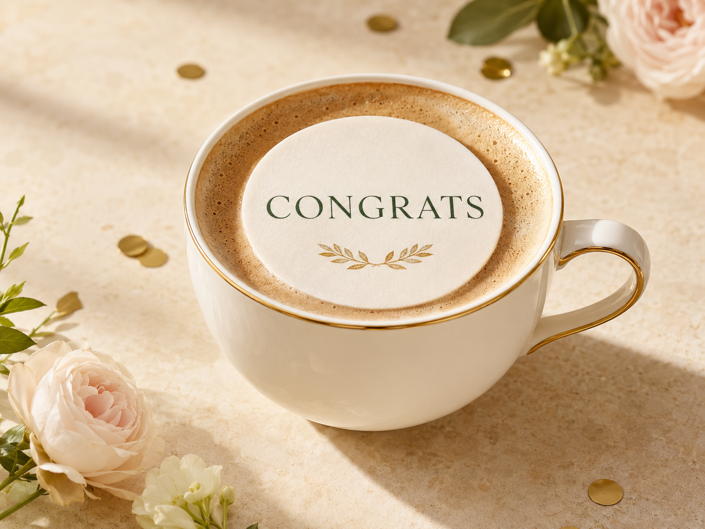 CONGRATS 식용 토퍼를 올린 카푸치노